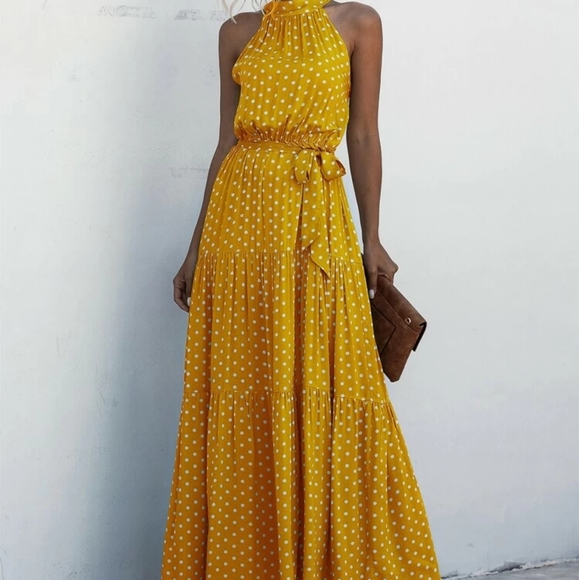 Yellow Polka Dot Sleeveless Halter Maxi Dress - Picture 3 of 6